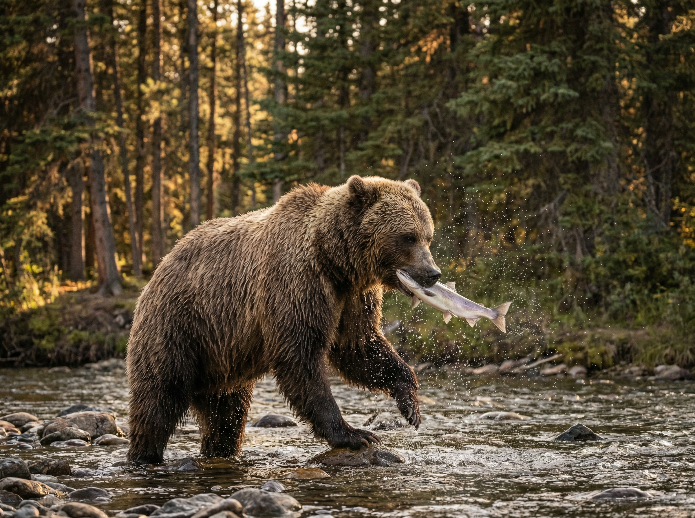 加拿大预测 - 荒野中的灰熊捕鱼